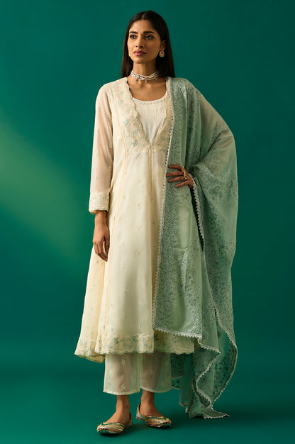 Off White Thread Embroidered Organza Flared Kurta, Pants and Dupatta Set