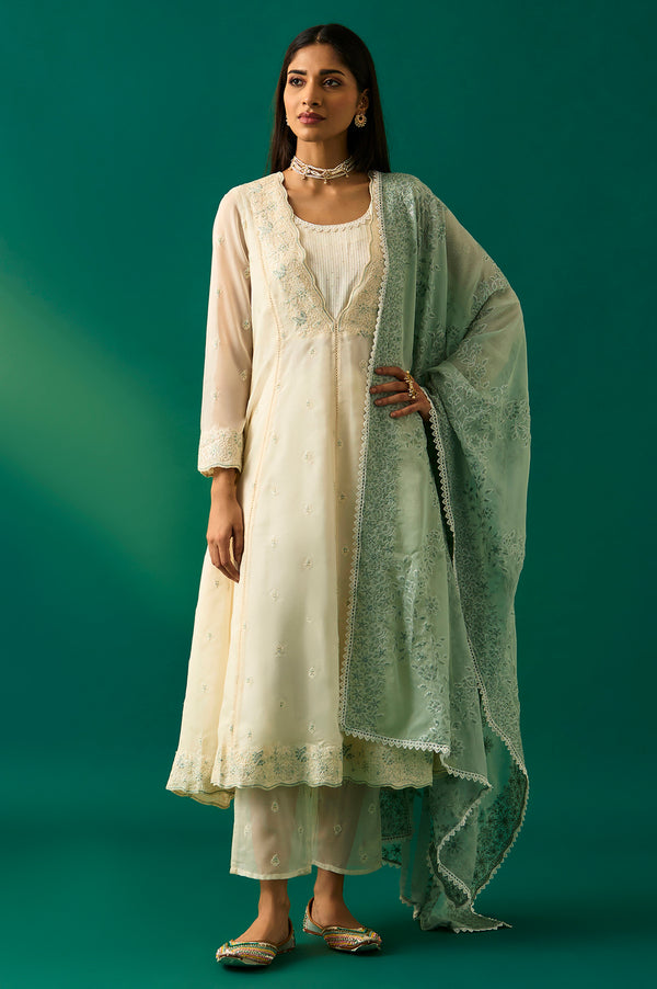 Off White Thread Embroidered Organza Flared Kurta, Pants and Dupatta Set
