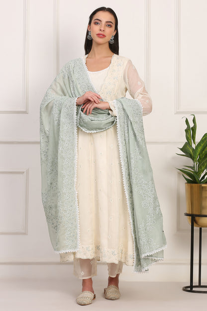 Off White Thread Embroidered Organza Flared Kurta, Pants and Dupatta Set