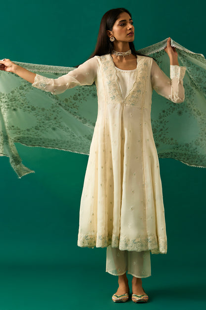 Off White Thread Embroidered Organza Flared Kurta, Pants and Dupatta Set
