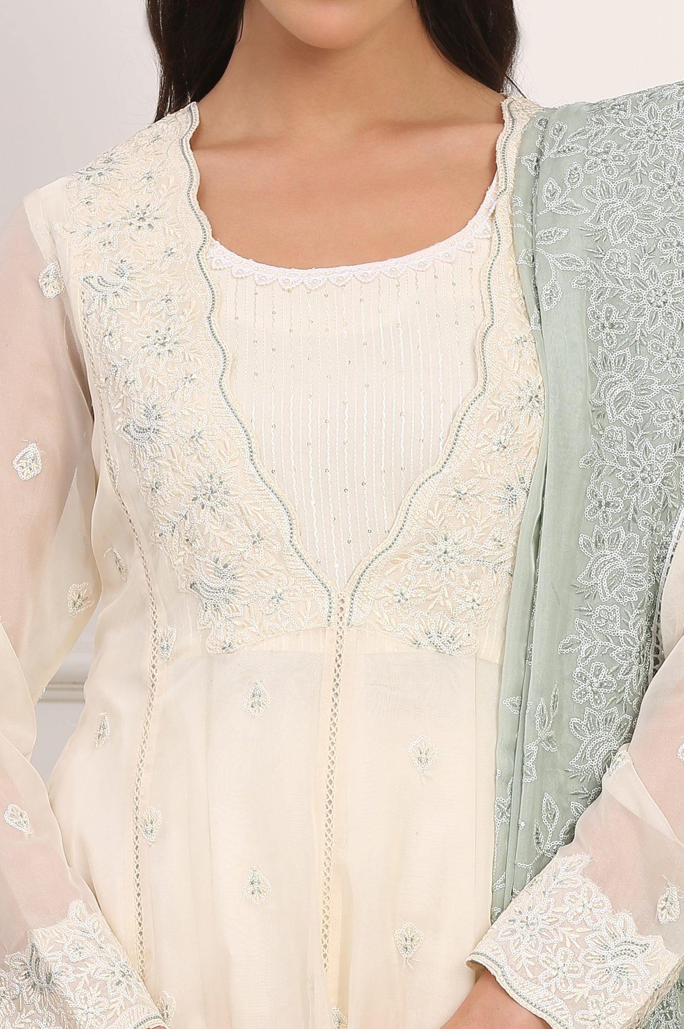 Off White Thread Embroidered Organza Flared Kurta, Pants and Dupatta Set