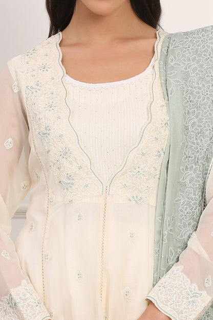 Off White Thread Embroidered Organza Flared Kurta, Pants and Dupatta Set