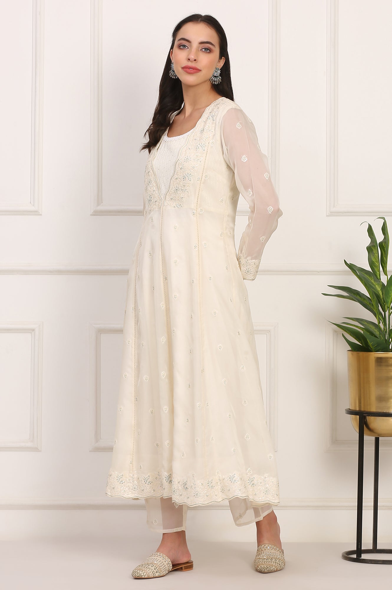 Off White Thread Embroidered Organza Flared Kurta, Pants and Dupatta Set