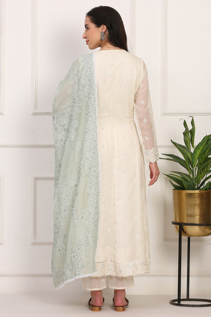 Off White Thread Embroidered Organza Flared Kurta, Pants and Dupatta Set