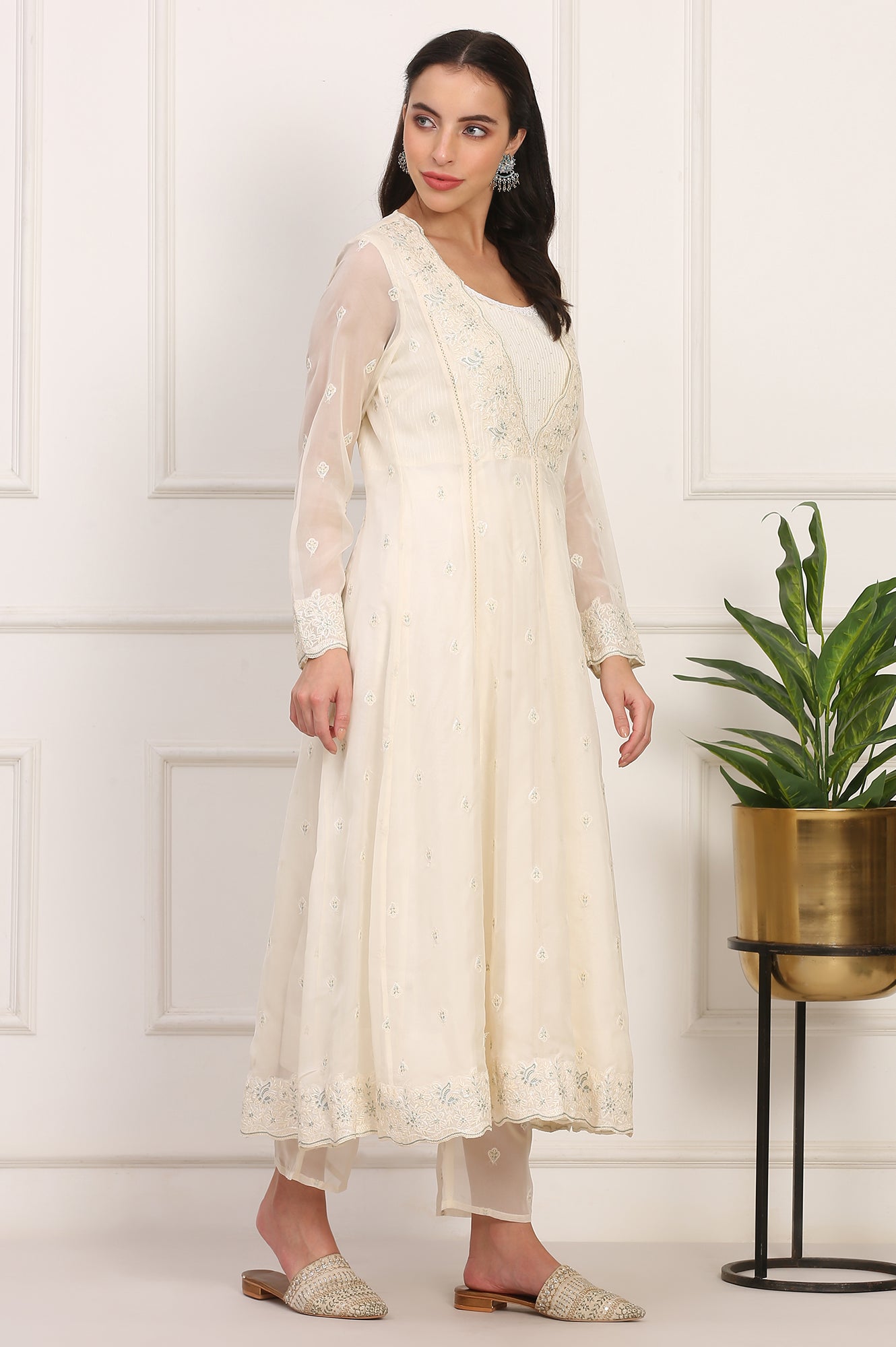 Off White Thread Embroidered Organza Flared Kurta, Pants and Dupatta Set