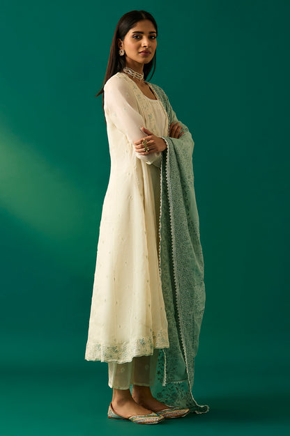 Off White Thread Embroidered Organza Flared Kurta, Pants and Dupatta Set