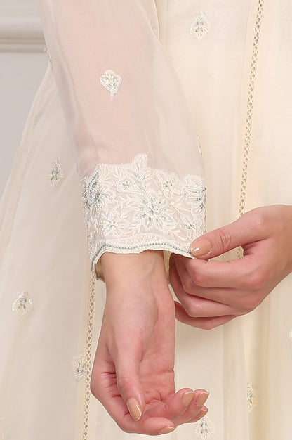 Off White Thread Embroidered Organza Flared Kurta, Pants and Dupatta Set