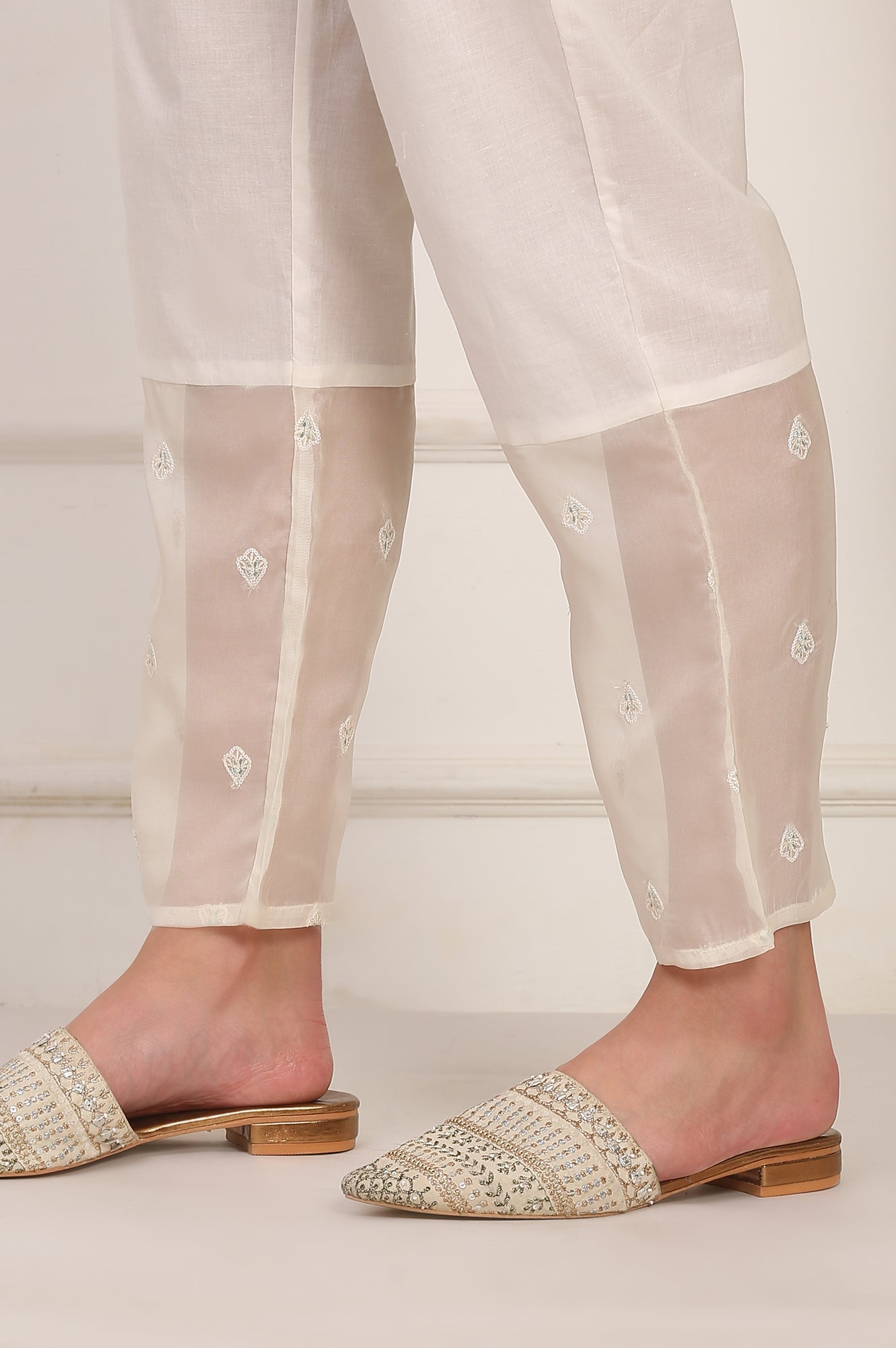 Off White Thread Embroidered Organza Flared Kurta, Pants and Dupatta Set