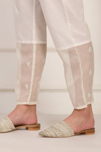 Off White Thread Embroidered Organza Flared Kurta, Pants and Dupatta Set
