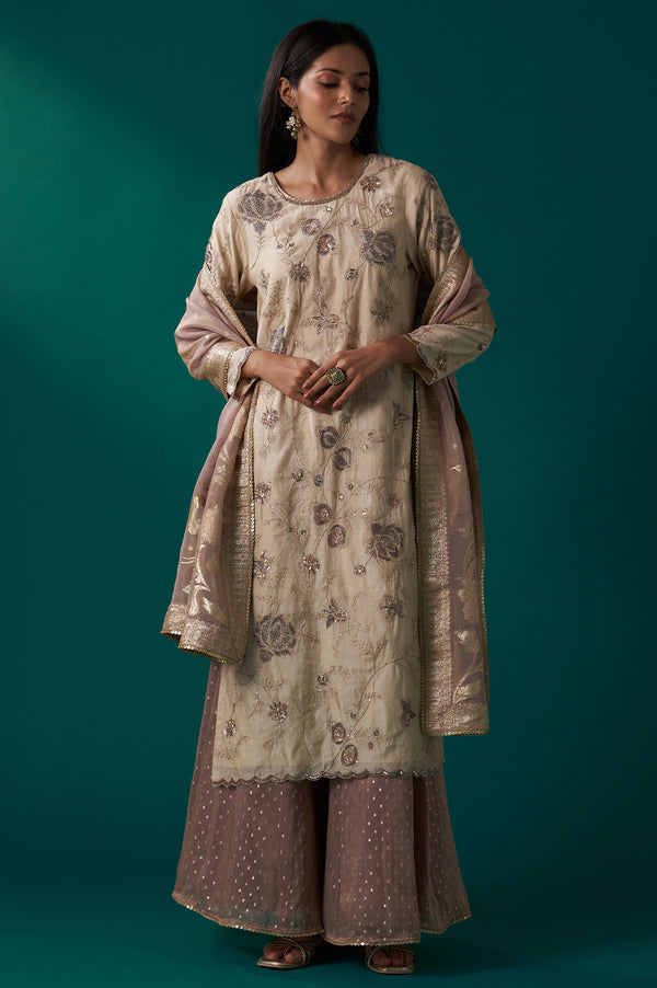 Light Gold Heavy Embroidered Straight Tissue Chanderi Kurta with Culottes and Dupatta Set