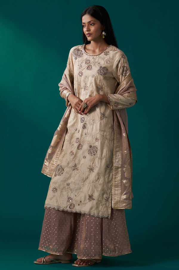 Light Gold Heavy Embroidered Straight Tissue Chanderi Kurta with Culottes and Dupatta Set