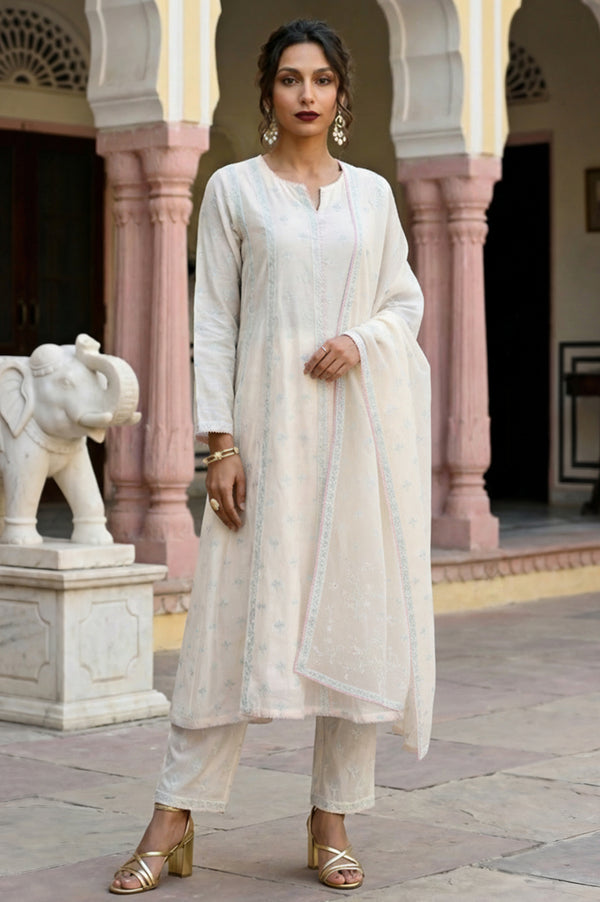 Off White Embroidered Chanderi A-line Kurta with Straight Pants and Dupatta Set