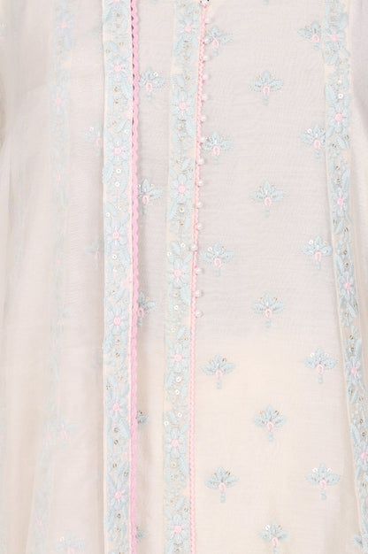 Off White Embroidered Chanderi A-line Kurta with Straight Pants and Dupatta Set