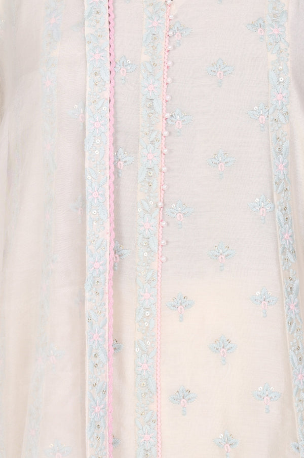 Off White Embroidered Chanderi A-line Kurta with Straight Pants and Dupatta Set