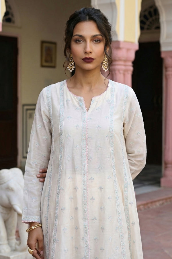 Off White Embroidered Chanderi A-line Kurta with Straight Pants and Dupatta Set