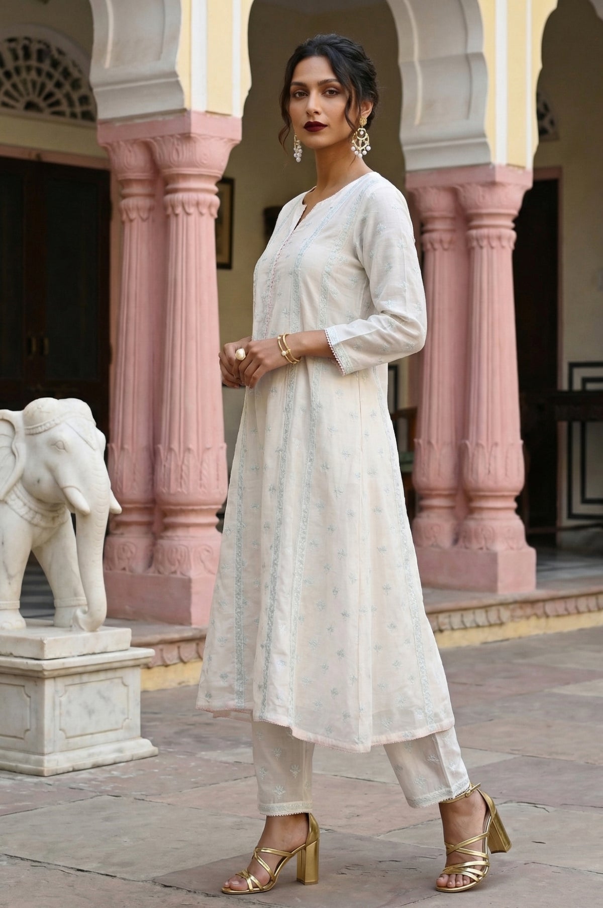 Off White Embroidered Chanderi A-line Kurta with Straight Pants and Dupatta Set