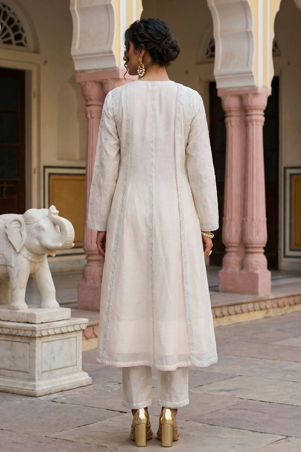 Off White Embroidered Chanderi A-line Kurta with Straight Pants and Dupatta Set