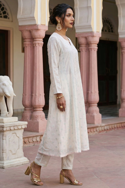 Off White Embroidered Chanderi A-line Kurta with Straight Pants and Dupatta Set