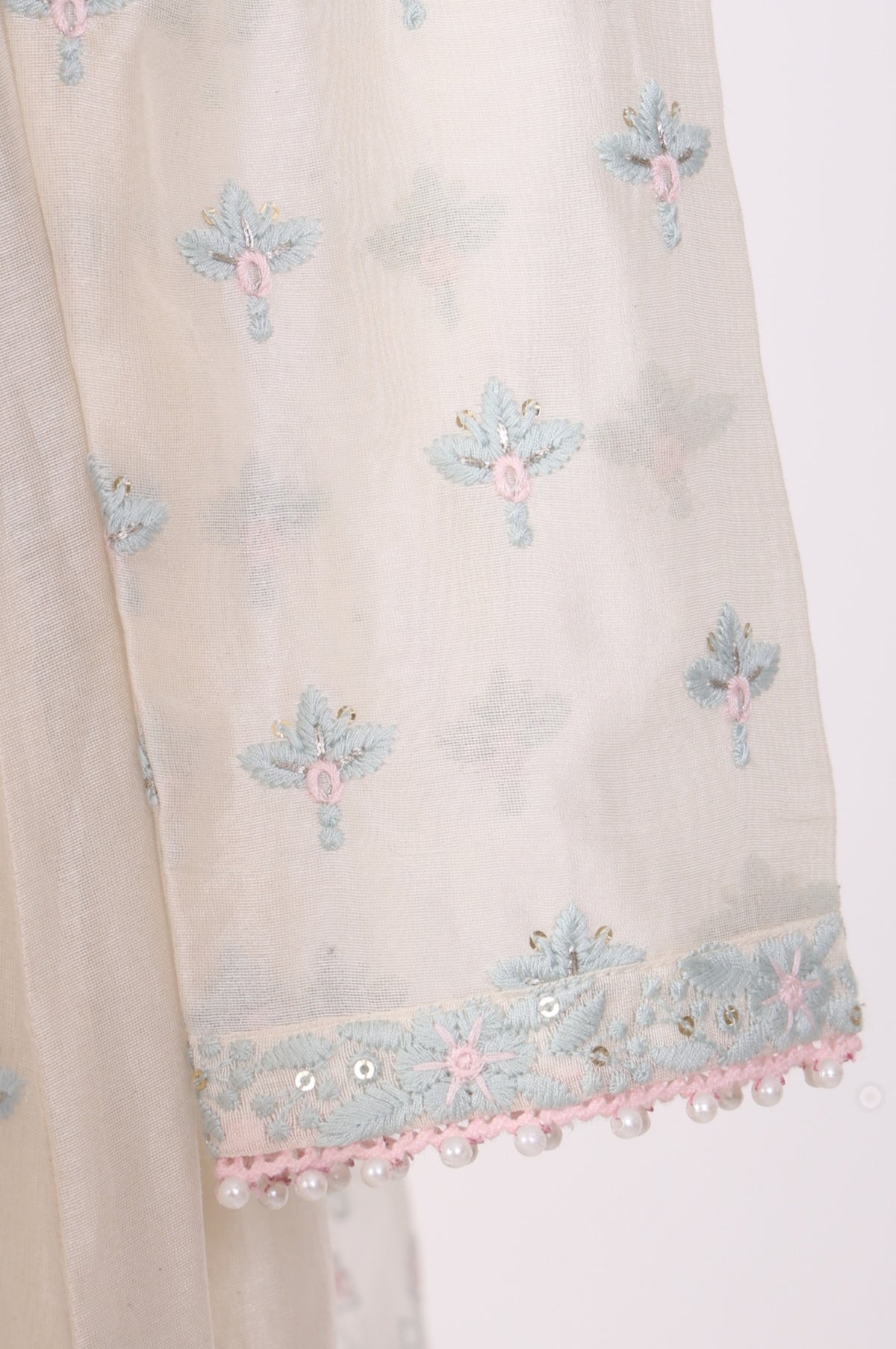 Off White Embroidered Chanderi A-line Kurta with Straight Pants and Dupatta Set