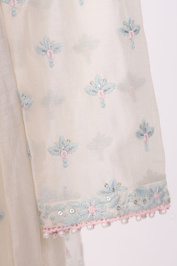 Off White Embroidered Chanderi A-line Kurta with Straight Pants and Dupatta Set