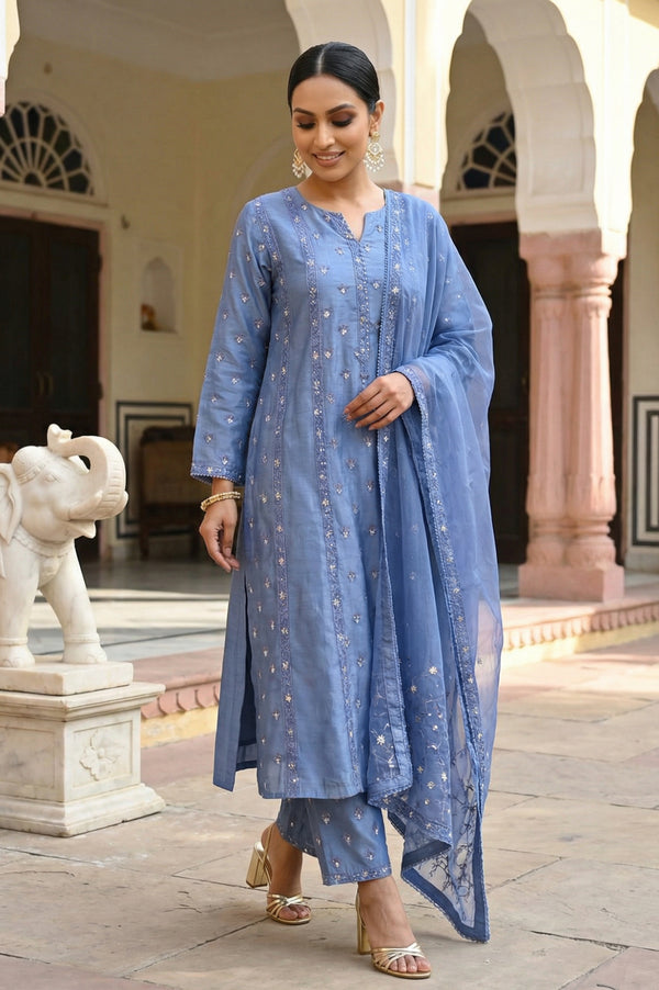 Blue Thread Embroidered Chanderi Straight Kurta with Straight Pants and Dupatta Set