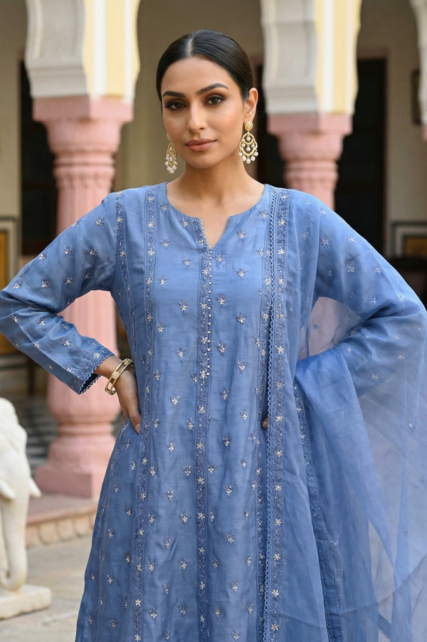 Blue Thread Embroidered Chanderi Straight Kurta with Straight Pants and Dupatta Set