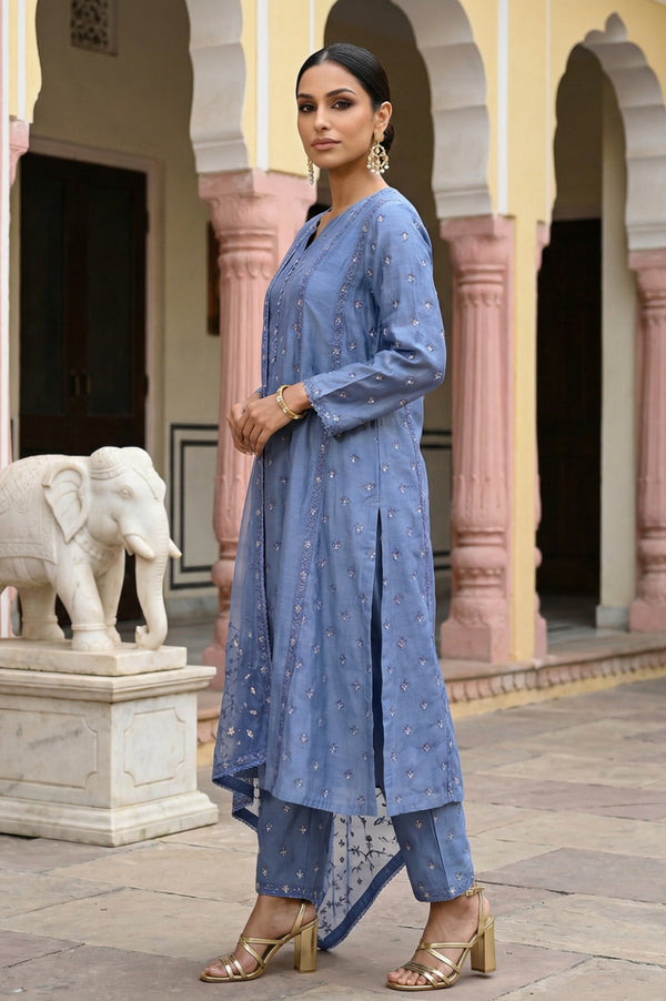 Blue Thread Embroidered Chanderi Straight Kurta with Straight Pants and Dupatta Set