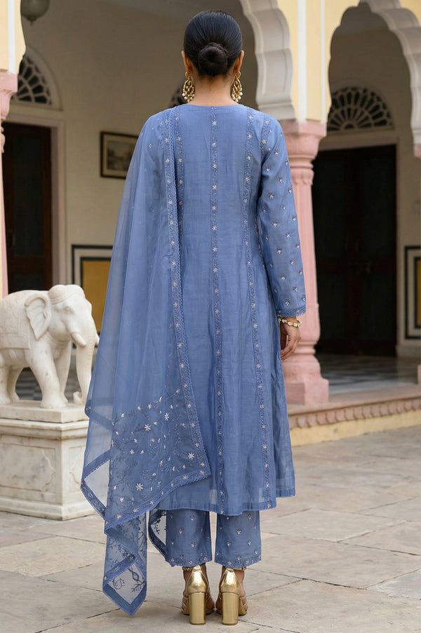 Blue Thread Embroidered Chanderi Straight Kurta with Straight Pants and Dupatta Set