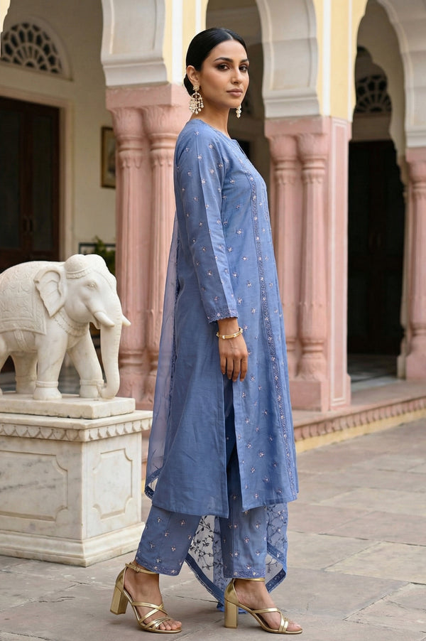 Blue Thread Embroidered Chanderi Straight Kurta with Straight Pants and Dupatta Set