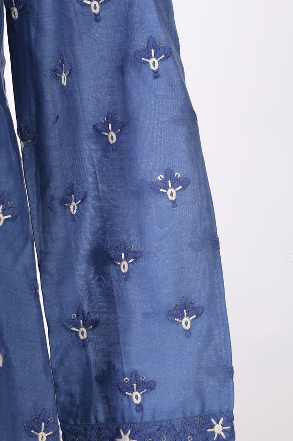 Blue Thread Embroidered Chanderi Straight Kurta with Straight Pants and Dupatta Set