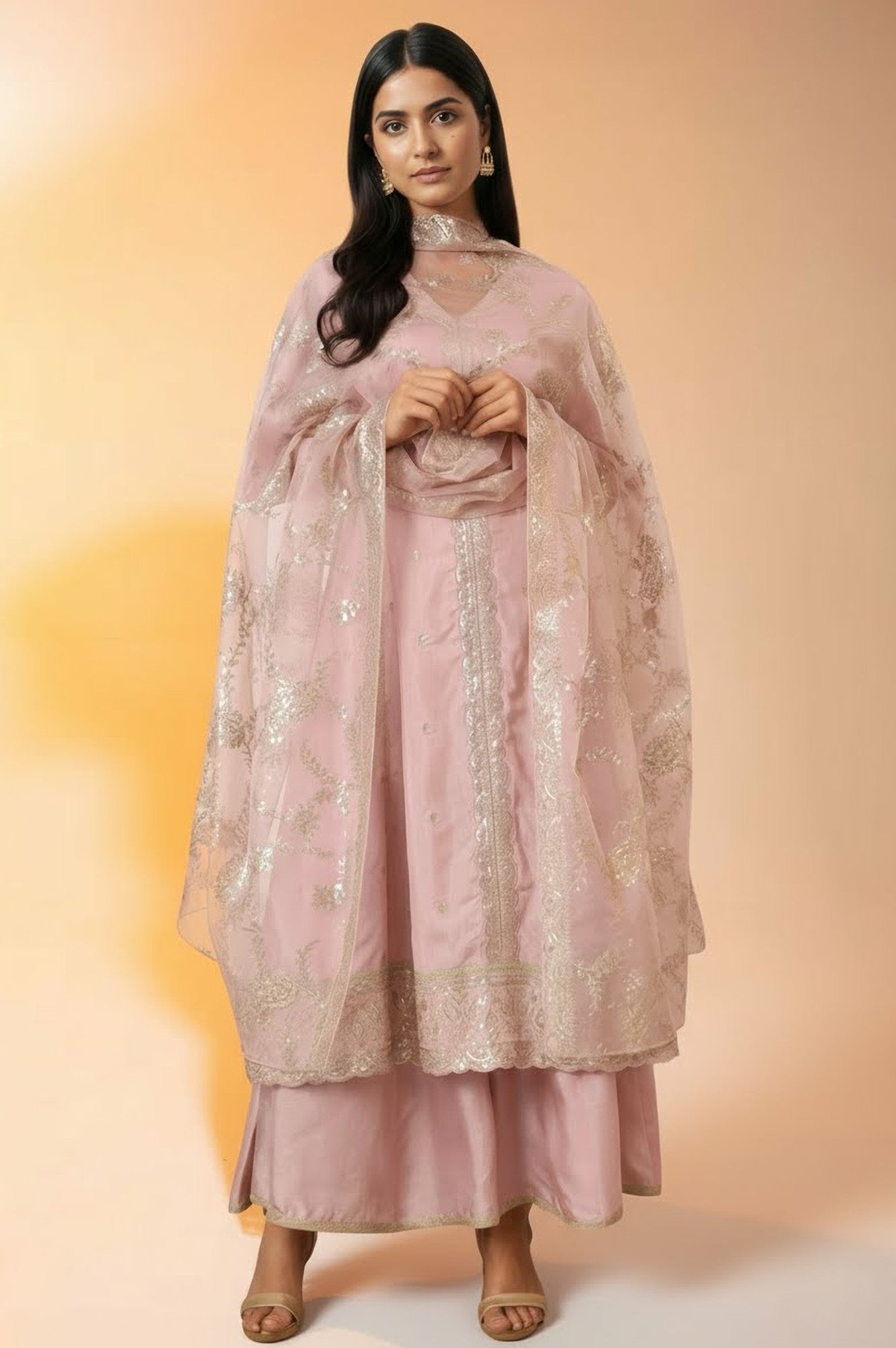 Lavendar Zari Embroidered Anarkali Kurta, Cullotes and Dupatta Set