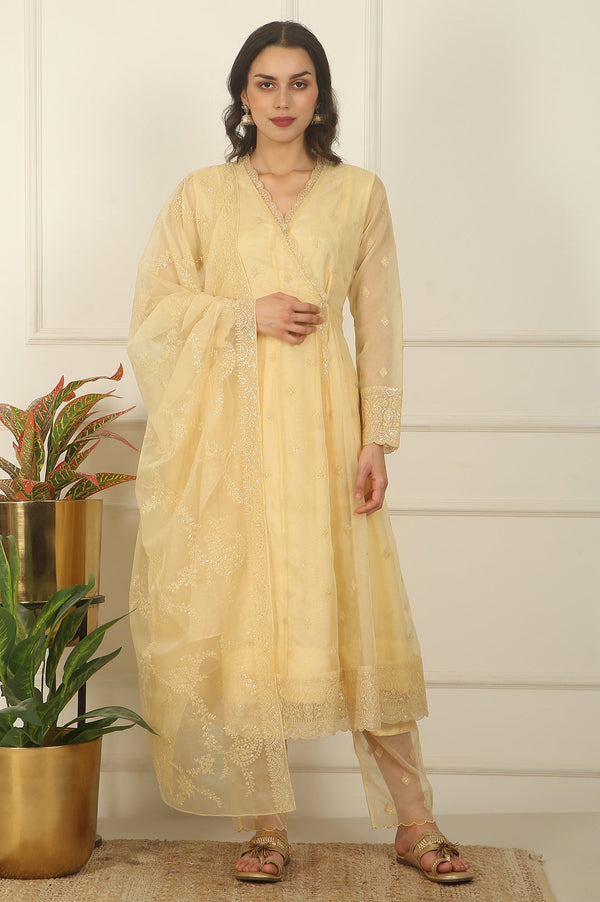 Yellow Embroidered Organza Angarakha Kurta, Pants and Dupatta Set