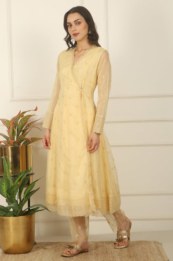 Yellow Embroidered Organza Angarakha Kurta, Pants and Dupatta Set