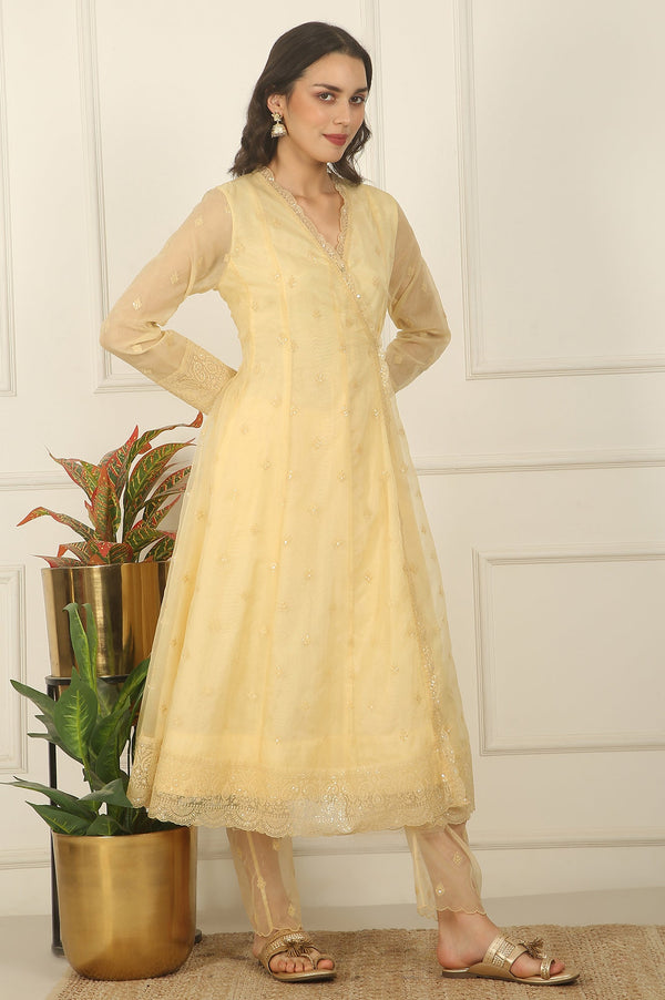 Yellow Embroidered Organza Angarakha Kurta, Pants and Dupatta Set