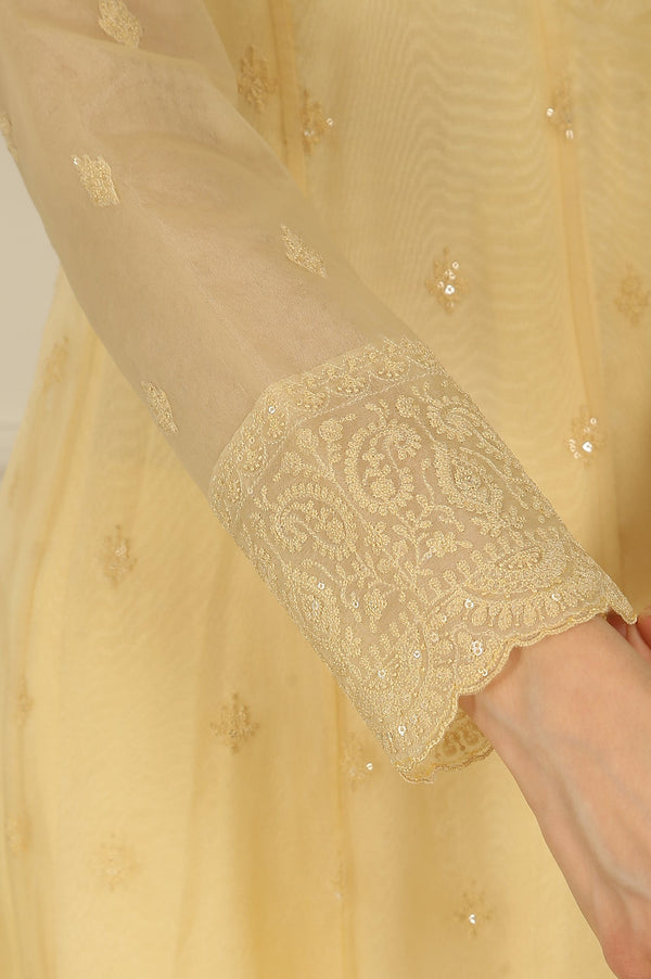 Yellow Embroidered Organza Angarakha Kurta, Pants and Dupatta Set