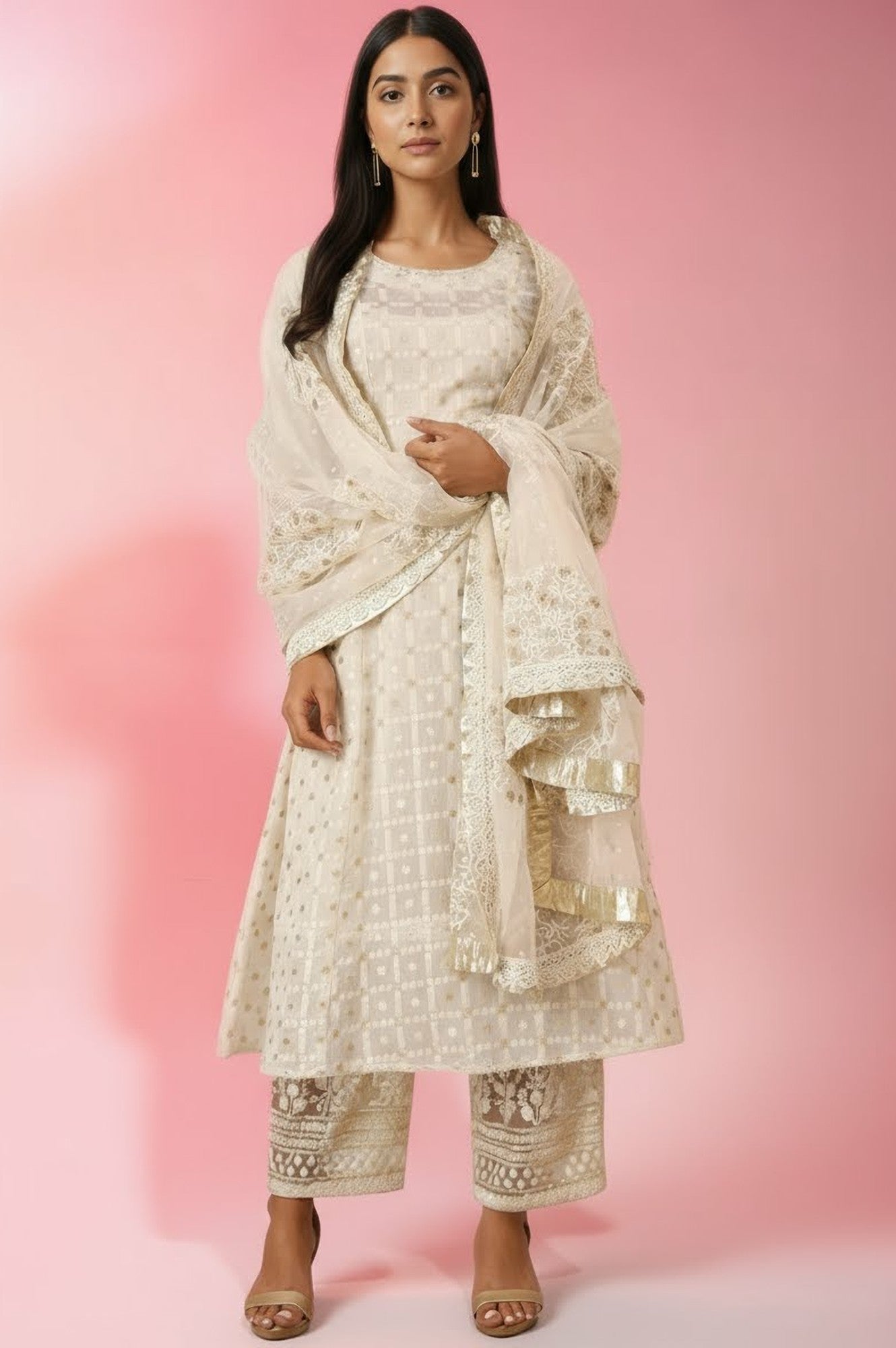 White Heavy Embroidered Anarkali Kurta, Pants and Dupatta Set