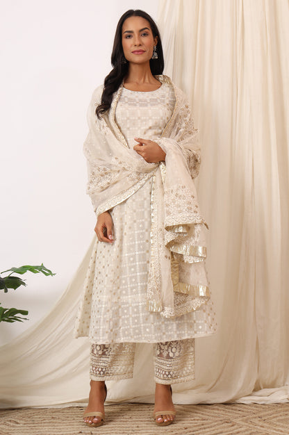 White Heavy Embroidered Anarkali Kurta, Pants and Dupatta Set