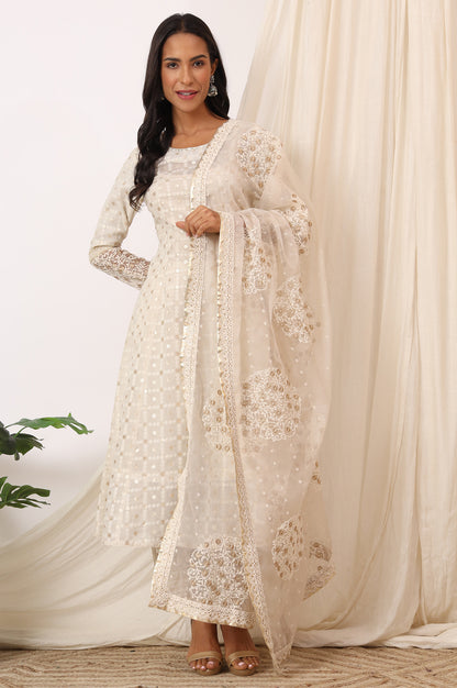 White Heavy Embroidered Anarkali Kurta, Pants and Dupatta Set