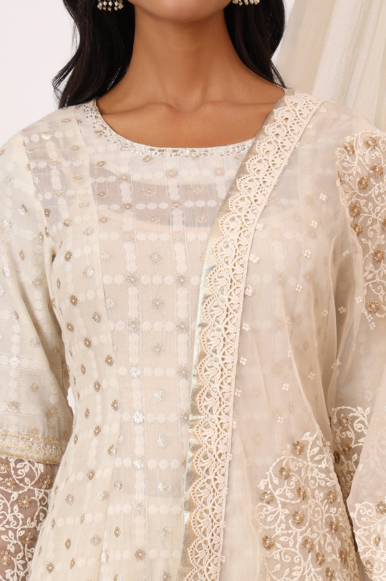 White Heavy Embroidered Anarkali Kurta, Pants and Dupatta Set