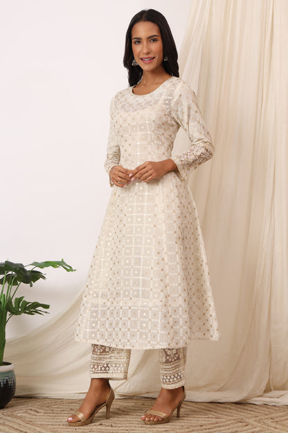 White Heavy Embroidered Anarkali Kurta, Pants and Dupatta Set