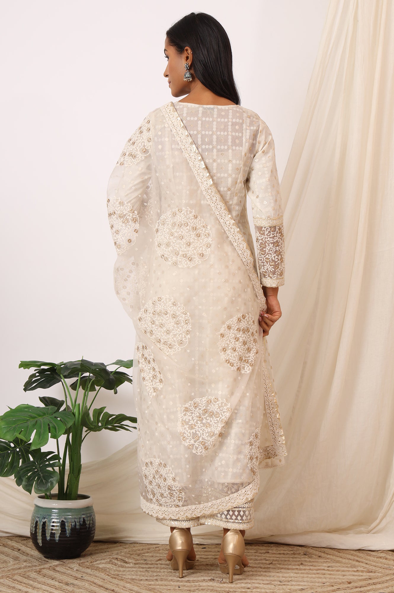 White Heavy Embroidered Anarkali Kurta, Pants and Dupatta Set
