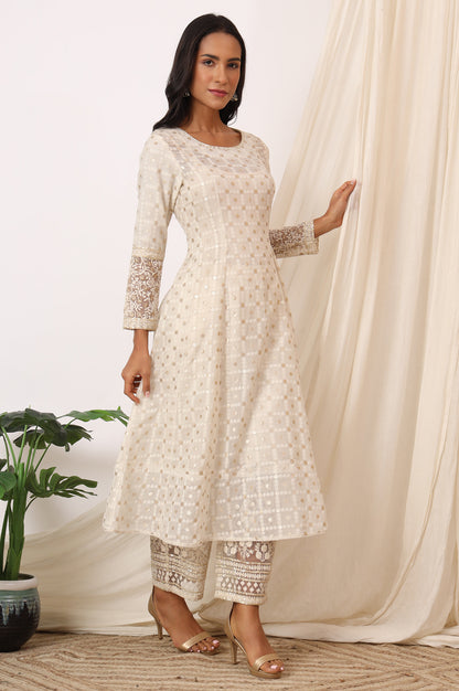 White Heavy Embroidered Anarkali Kurta, Pants and Dupatta Set