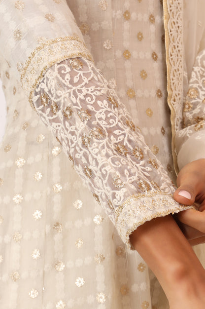 White Heavy Embroidered Anarkali Kurta, Pants and Dupatta Set