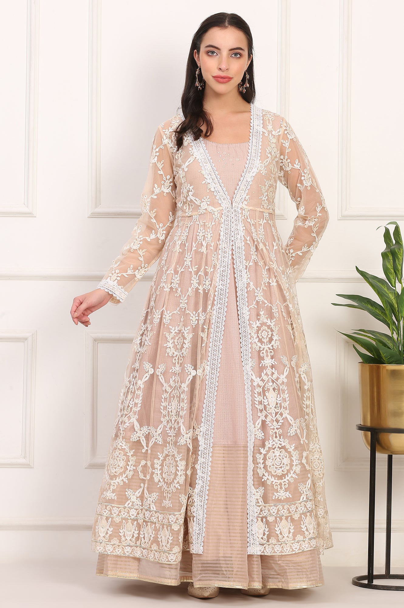 Old Rose Sequin Embroidered Mesh Jacket and Dress Set