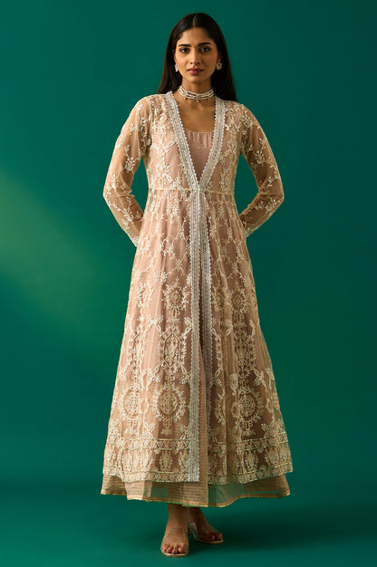 Old Rose Sequin Embroidered Mesh Jacket and Dress Set