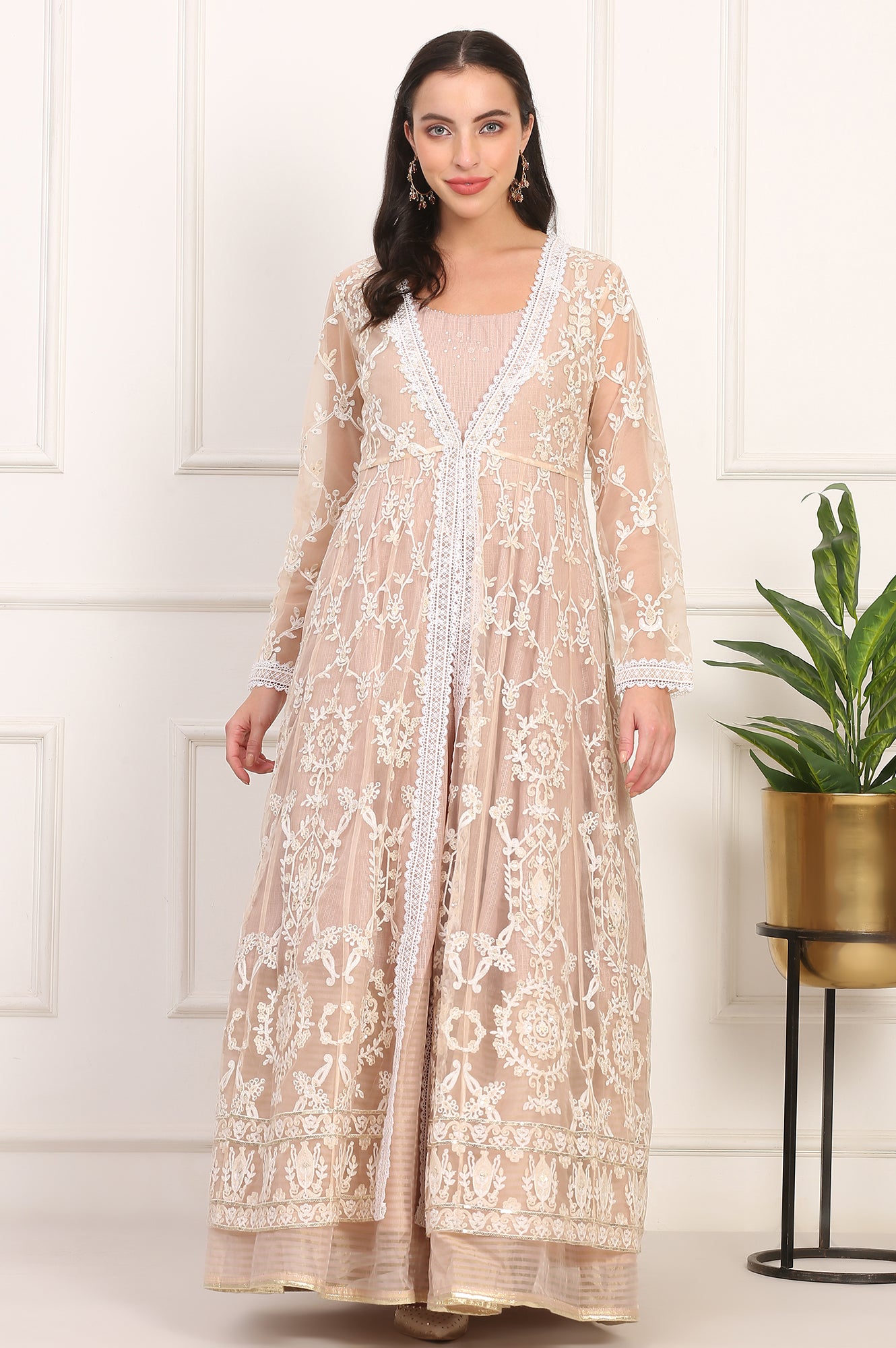 Old Rose Sequin Embroidered Mesh Jacket and Dress Set
