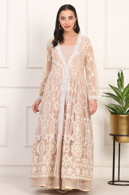 Old Rose Sequin Embroidered Mesh Jacket and Dress Set