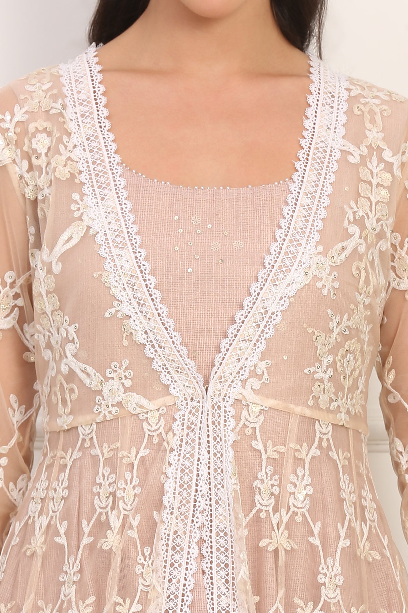 Old Rose Sequin Embroidered Mesh Jacket and Dress Set