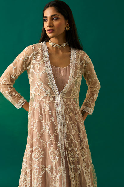 Old Rose Sequin Embroidered Mesh Jacket and Dress Set