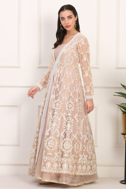 Old Rose Sequin Embroidered Mesh Jacket and Dress Set